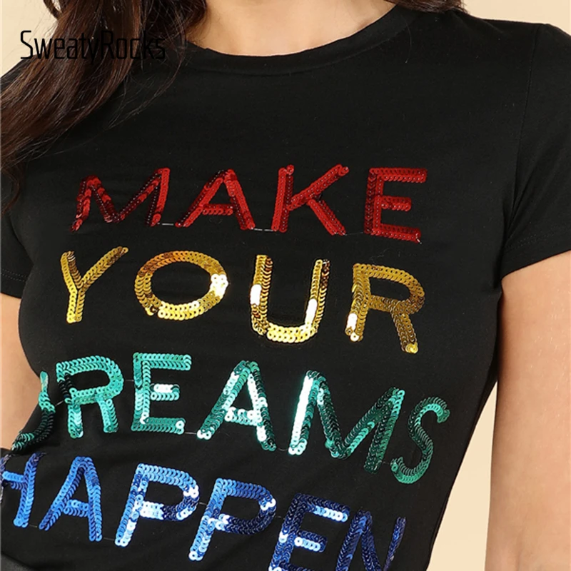 SweatyRocks футболка с коротким рукавом и буквенным принтом с блестками, уличная одежда с круглым вырезом, модные черные футболки, летние повседневные женские эластичные Топы