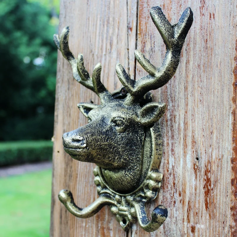 Animal Deer Stags Head Hook Wall Hanger Rack Holder Cast Iron Organizer Wall Mounted Bronze Rustic Home Decor Garden Outdoor