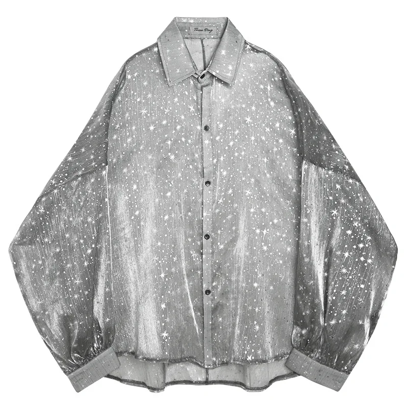 Spring Summer New Paper People Chic Heart Machine Shirt Men Loose Bat Sleeve Star Network Mesh Sunscreen Singer Tops | Мужская одежда