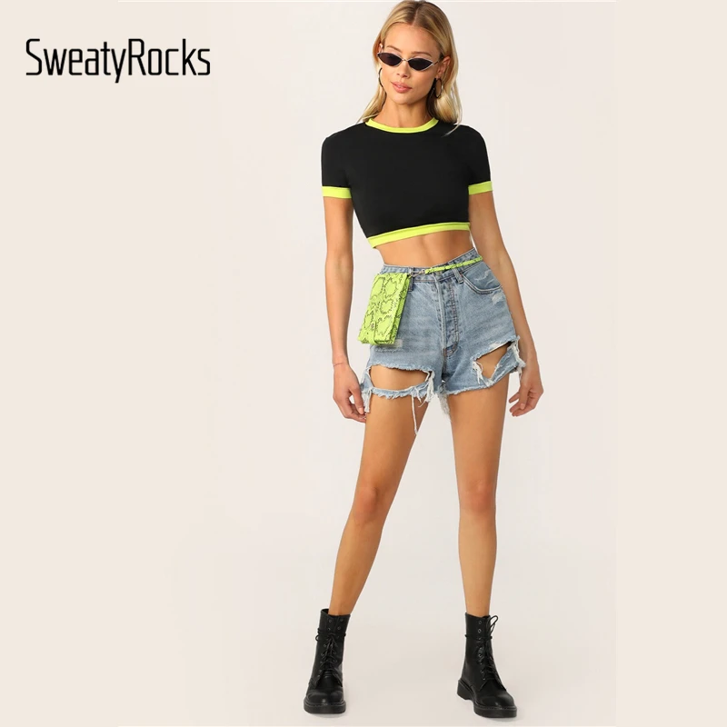 SweatyRocks Neon Ringer, цветной укороченный топ, женские сексуальные черные футболки с коротким рукавом, летняя уличная одежда, топ, женские футболки