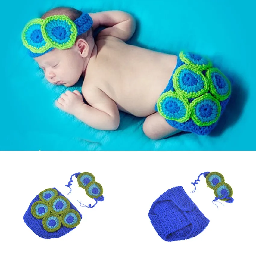 Peacock Baby Crochet Knit Costume Newborn Handmade Headband Infant Diaper Cover Photography Photo Props Baby Photo Set Clothing