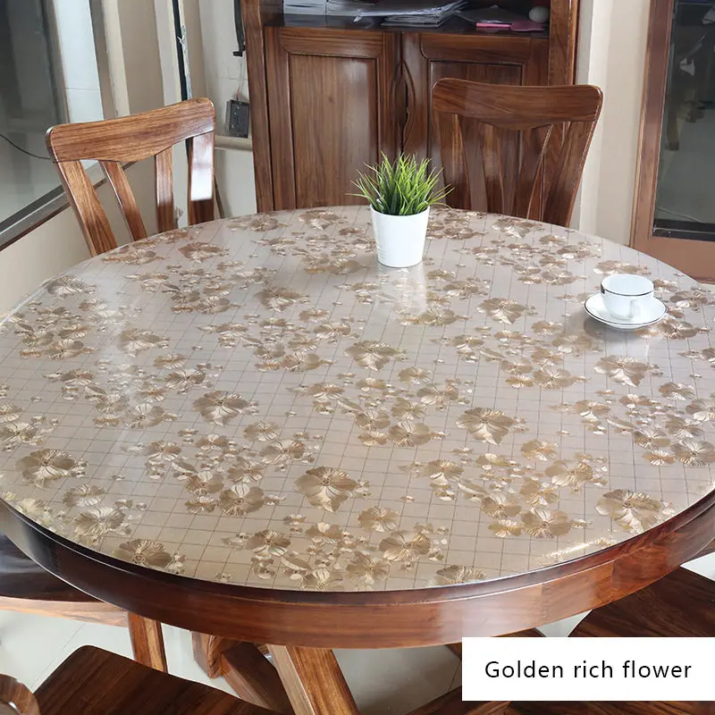 Golden rich flower 1 IHAD круглая скатерть ПВХ пластиковые скатерти с принтом водонепроницаемый маслостойкий Мягкий стеклянный домашний кухонный коврик диаметр 60-90 см 1 мм - Цвет: Golden rich flower 1