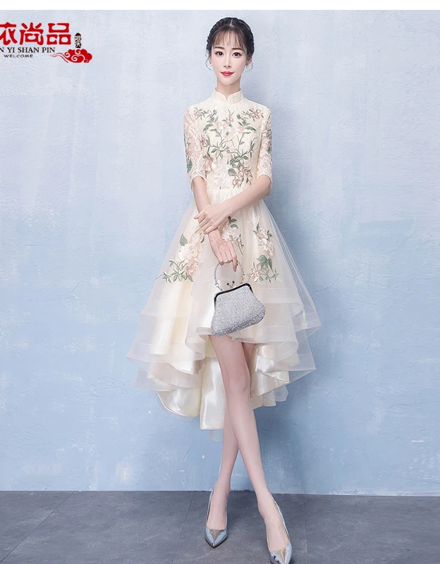 

Коктейльное платье винно-красного цвета с высокой горловиной и коротким рукавом, коктейльное платье с вышивкой длиной до колена, вечернее п...