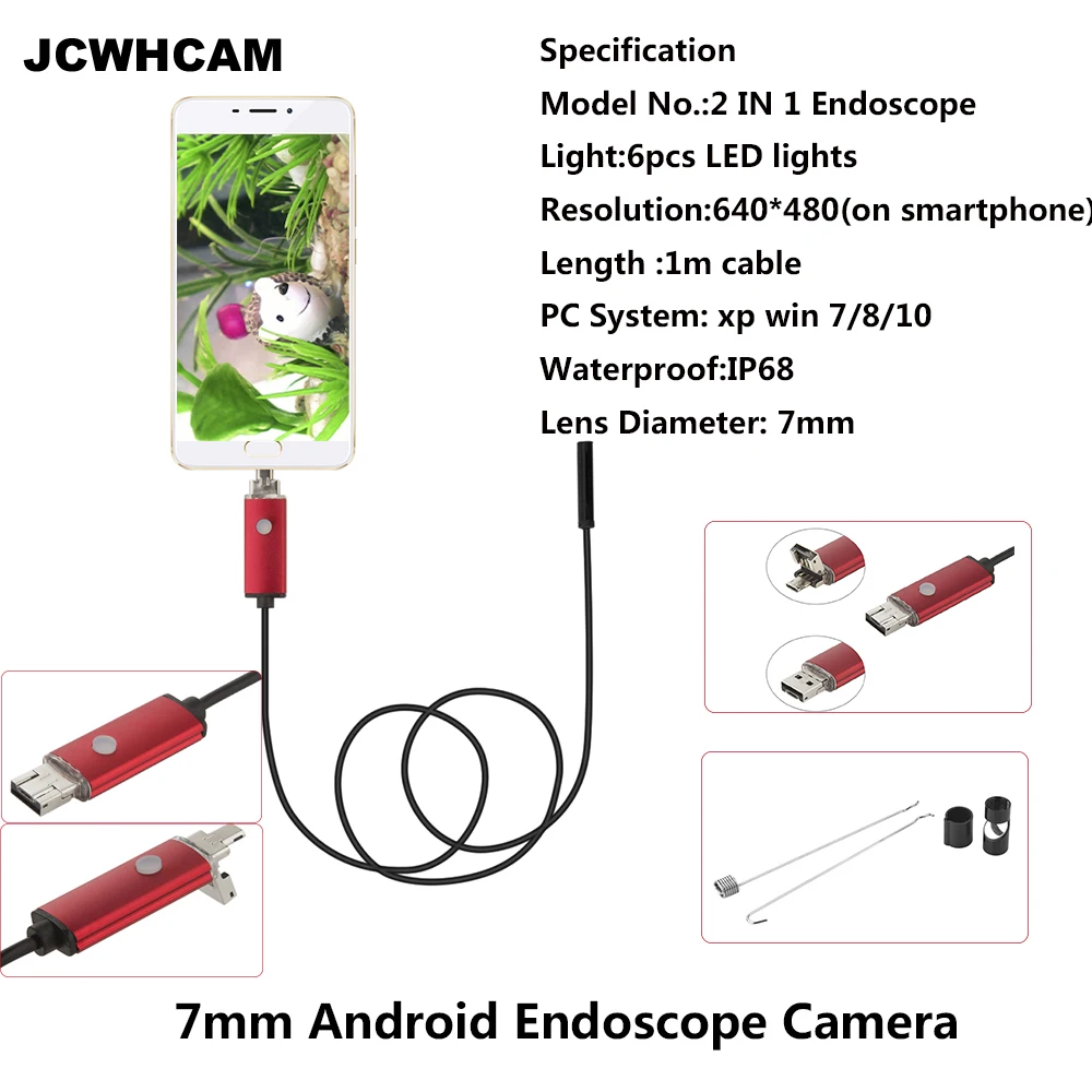 JCWHCAM 7 мм HD 1m USB Android эндоскоп инспекционная трубка змея мини камера эндоскопа OTG IP67