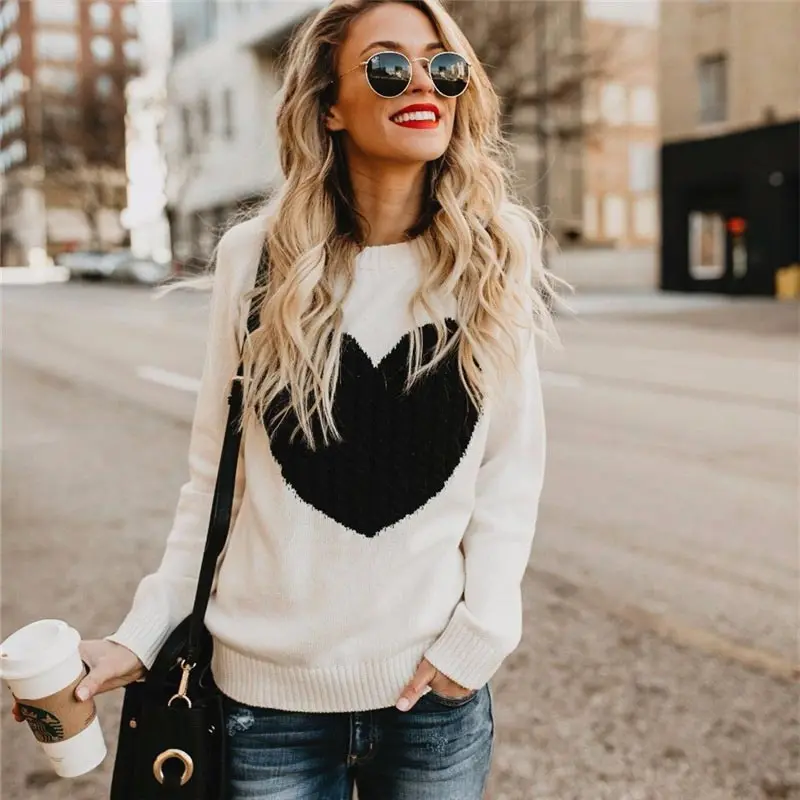 Female sweater 2022 knitwear street heart pattern women sweaters autumn winter warm tops coat pullovers outwear | Женская одежда