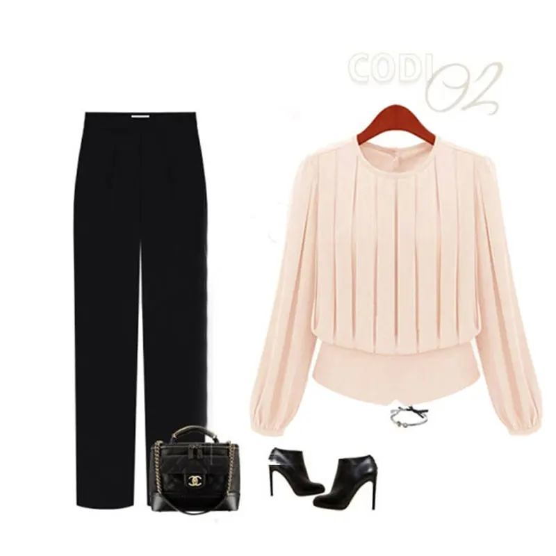 Блузка женская с круглым вырезом стильная рубашка в офисном стиле длинным