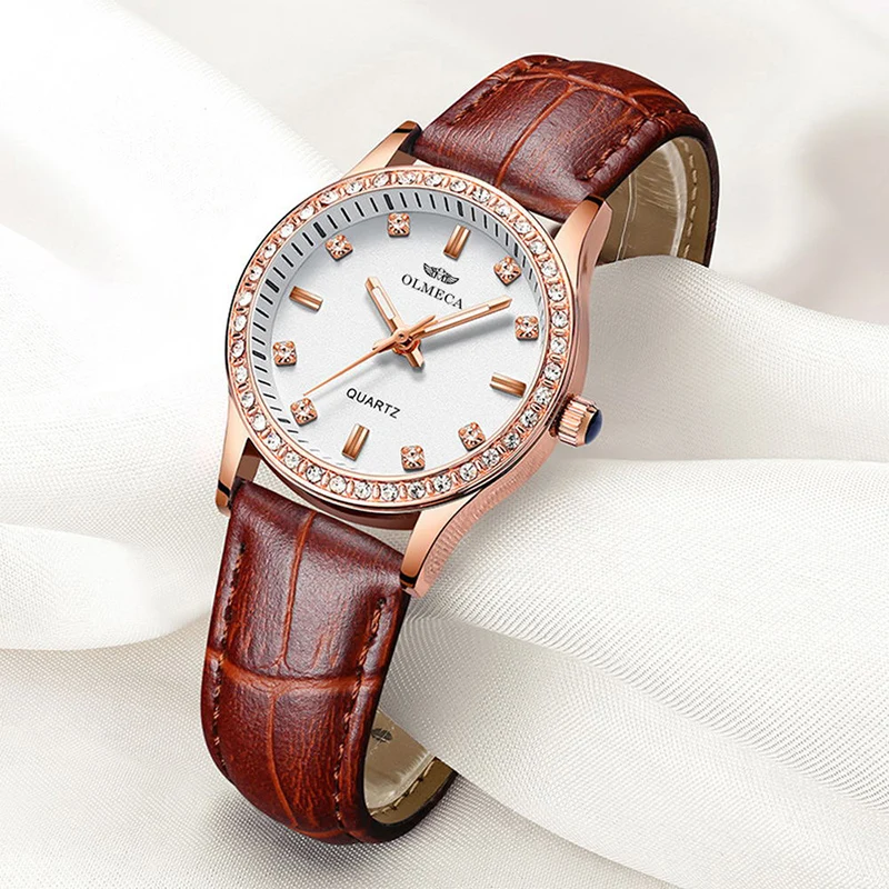 Zegarek damski OLMECA для женщин часы bling Красный Круглый циферблат Кожаный ремешок