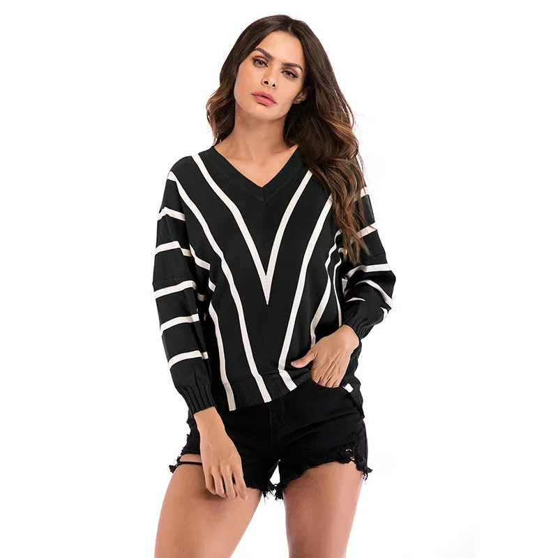 Autumn Batwing Sleeve Sweater Women Loose Casual Striped Black Warm Spring Pullovers V-Neck Red Fashion Sping Winter Top | Женская