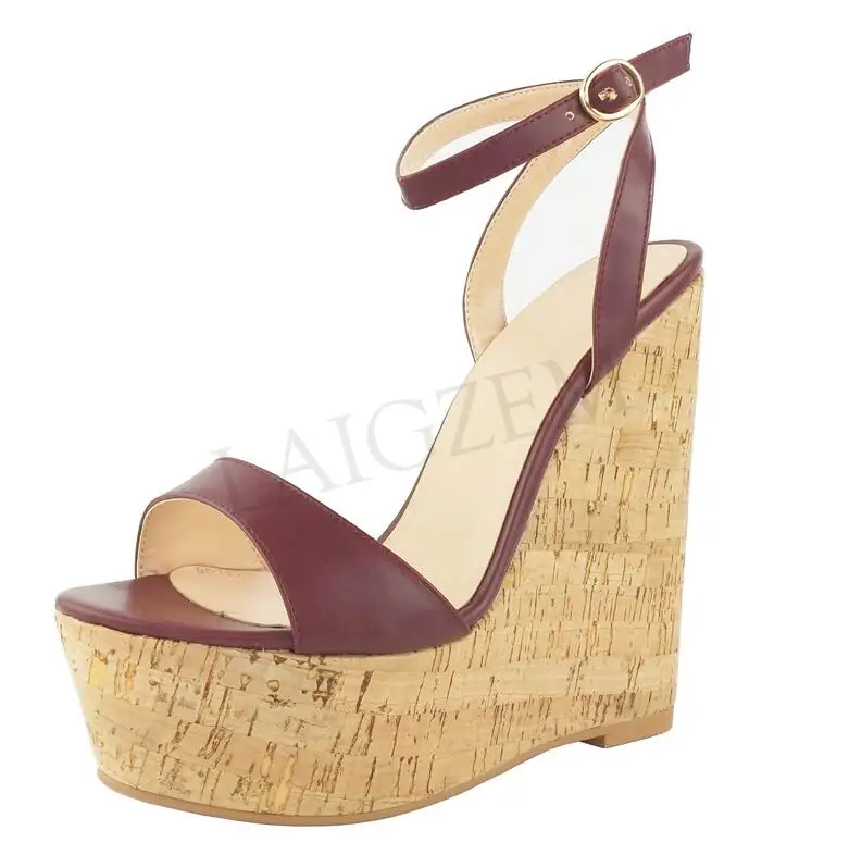 LGZ475 Mahogany LAIGZEM/женские босоножки Туфли-лодочки на танкетке с ремешком на щиколотке и деревянным принтом женские туфли для клубов вечеринок; Sandalia; размеры 34-45 - Цвет: LGZ475 Mahogany