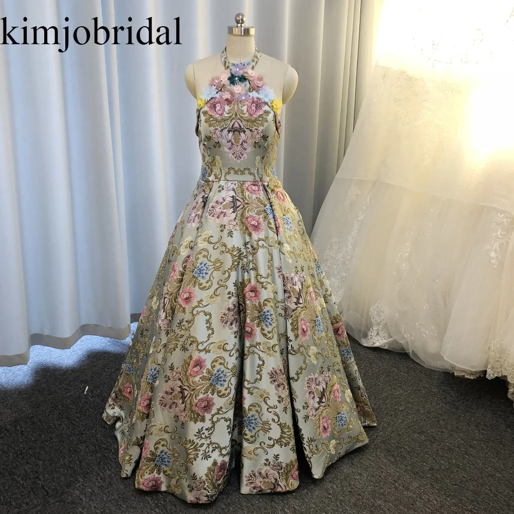Gala Jurken Luxury Ball Gown Prom Dresses 2019 Halter Embrodiery Elegant 3D Flowers Blue Prom Gown 2020 Vestidos De Gala