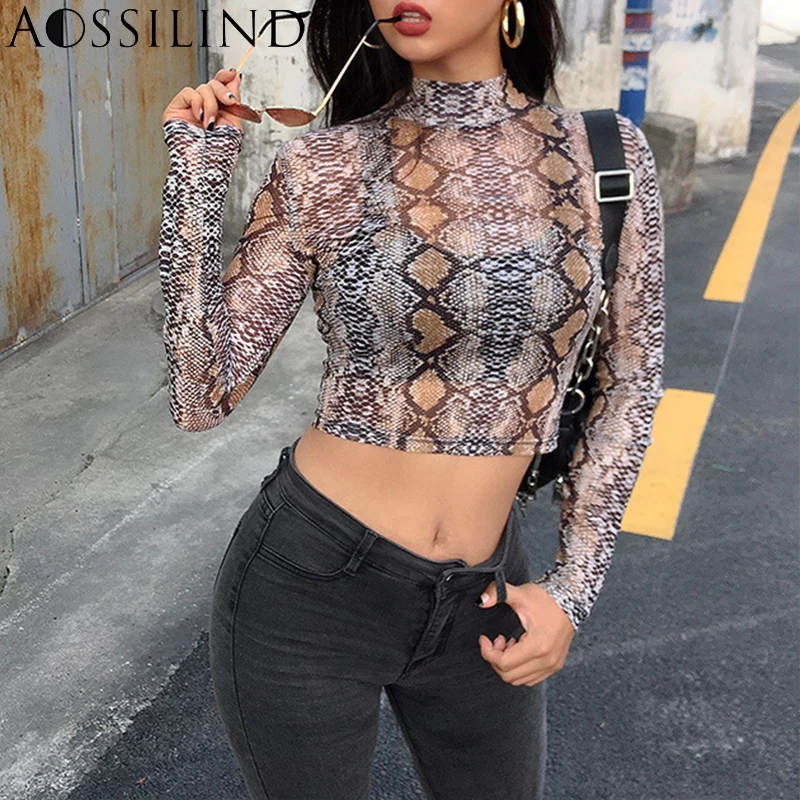 AOSSILIND с высоким воротом и длинным рукавом змеиный принт сетки прозрачные