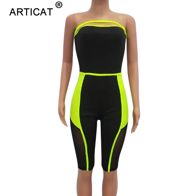 Articat сетки лоскутное без бретелек Bodycon комбинезон для женщин с открытыми плечами прозрачные летние женские комбинезоны с открытой спиной костюм для вечеринки