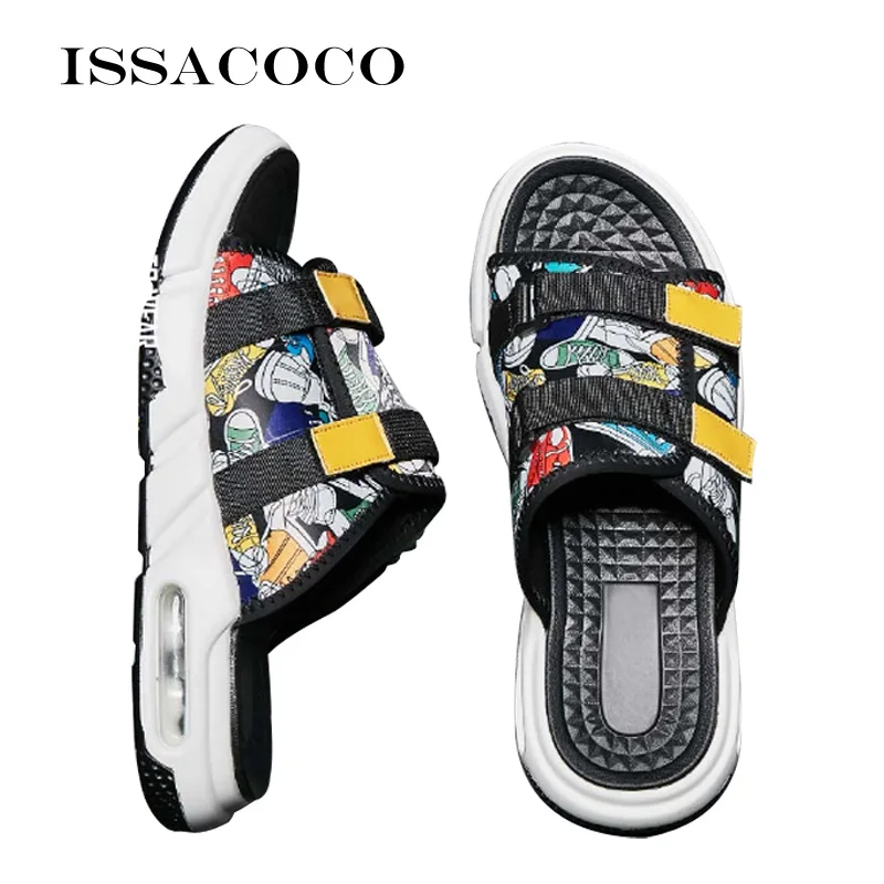 Colorful pattern ISSACOCO/летние шлепанцы; мужские уличные сетчатые пляжные шлепанцы с дышащей подкладкой; модные пляжные сандалии; легкие шлепанцы без задника для мужчин - Цвет: Colorful pattern