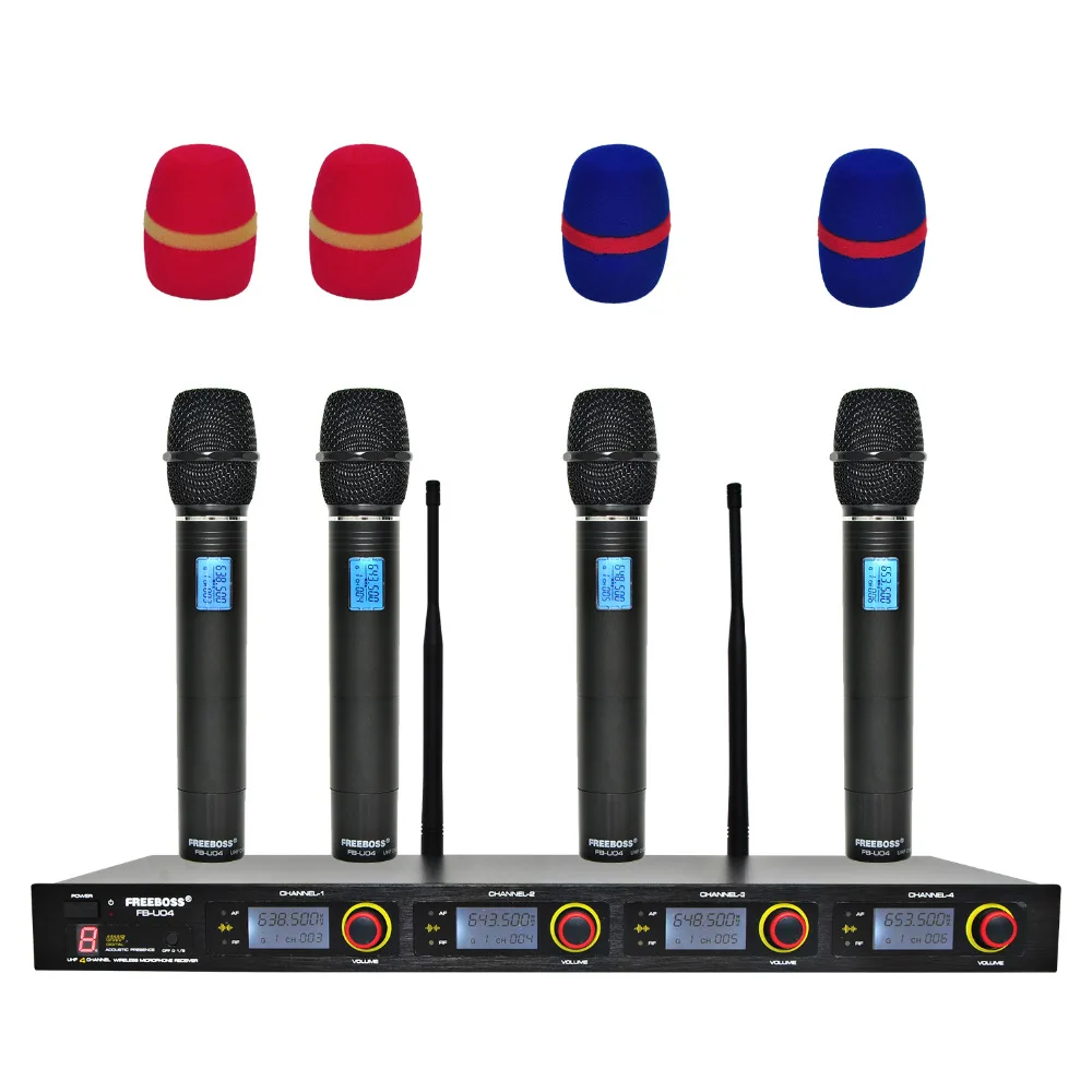 Freeboss FB-U04 4 Way 4 Channels 4 Metal Handhelds for Karaoke KTV Party Dynamic Mic Church Microphone UHF Wireless Microphone