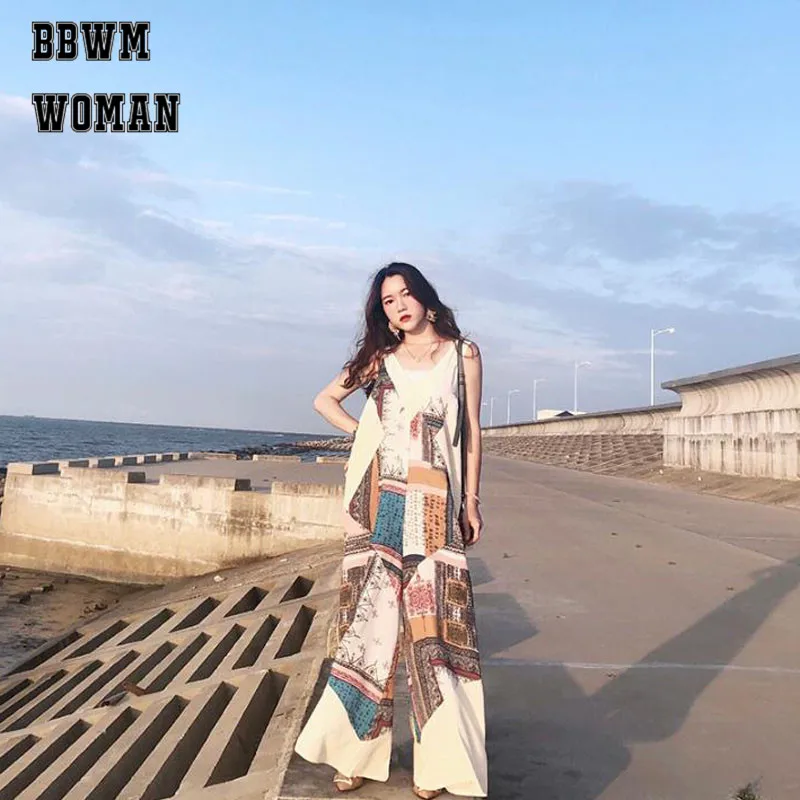

New Style Women Jumpsuit Female Summer Tide Slim Chiffon Wide Leg Seaside Holiday Bohemian Playsuit ZO1819