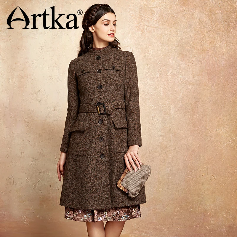 Женское шерстяное пальто ARTKA элегантное ТРАПЕЦИЕВИДНОЕ с поясом длинная куртка