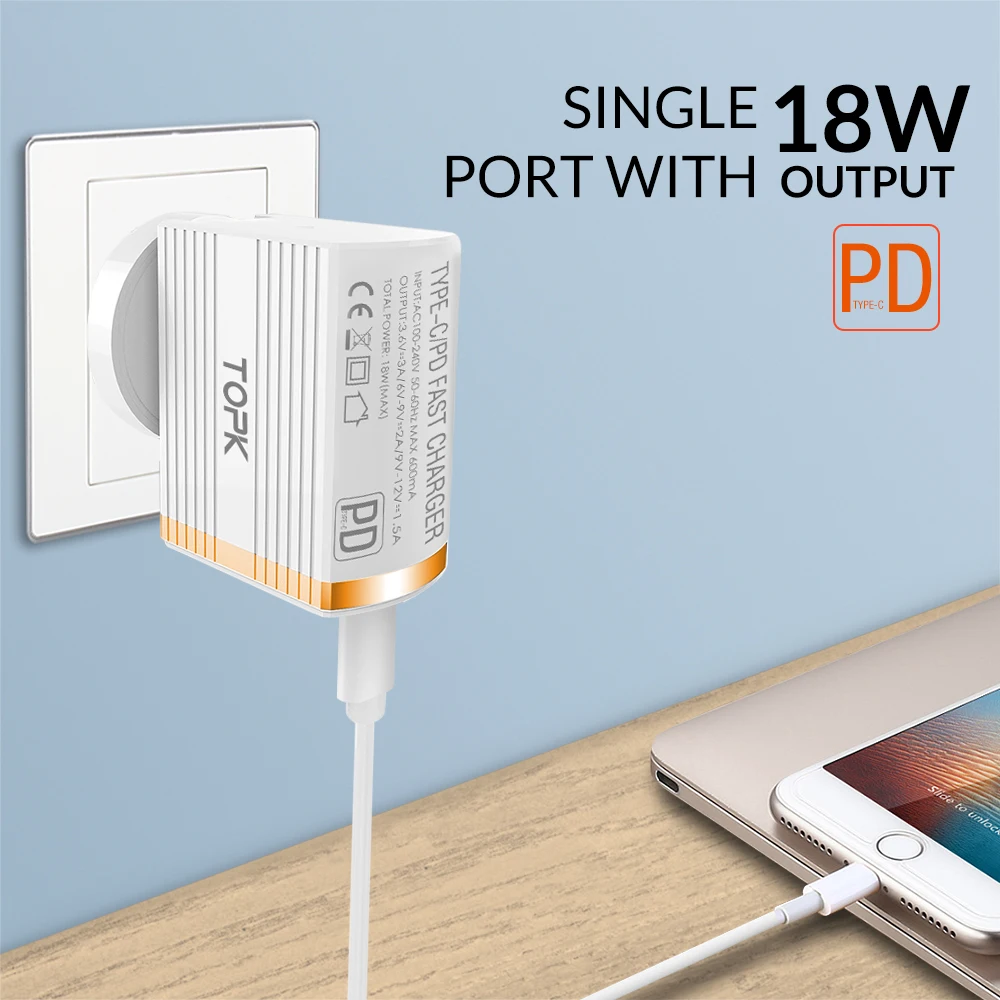 TOPK B135P 18 Вт Тип C PD Быстрая зарядка USB зарядное устройство для samsung Galaxy S9 S8 Plus EU/UK