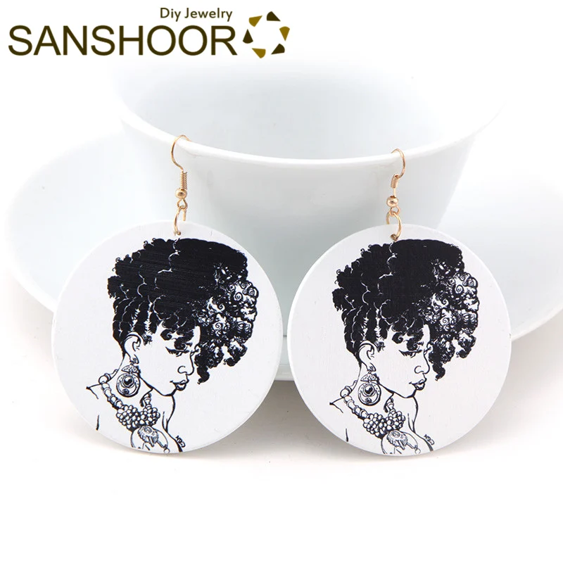 Set 1 SANSHOOR напечатанные афро натуральные волосы деревянные серьги африканские черные женские головные украшения этнические украшения как рождественские подарки 9 пар - Окраска металла: Set 1