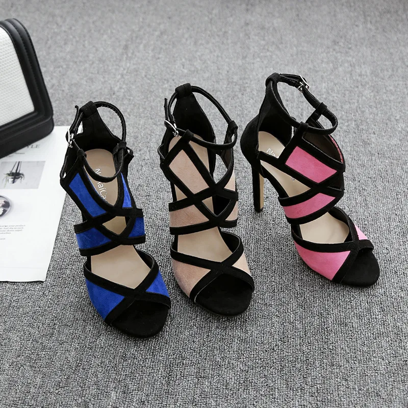 

Fashion Summer Women Sandals Casual Flock ZIP Color matching Thin Heels 11CM High Heels Open Toed Women Shoes Sexy Pumps