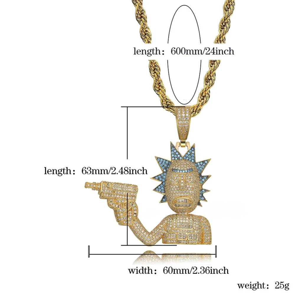 GUCY Рик и Морти кулон ожерелье все Iced Out Micro Pave кубического циркония мужские хип хоп ювелирные изделия Позолоченные талисманы подарок