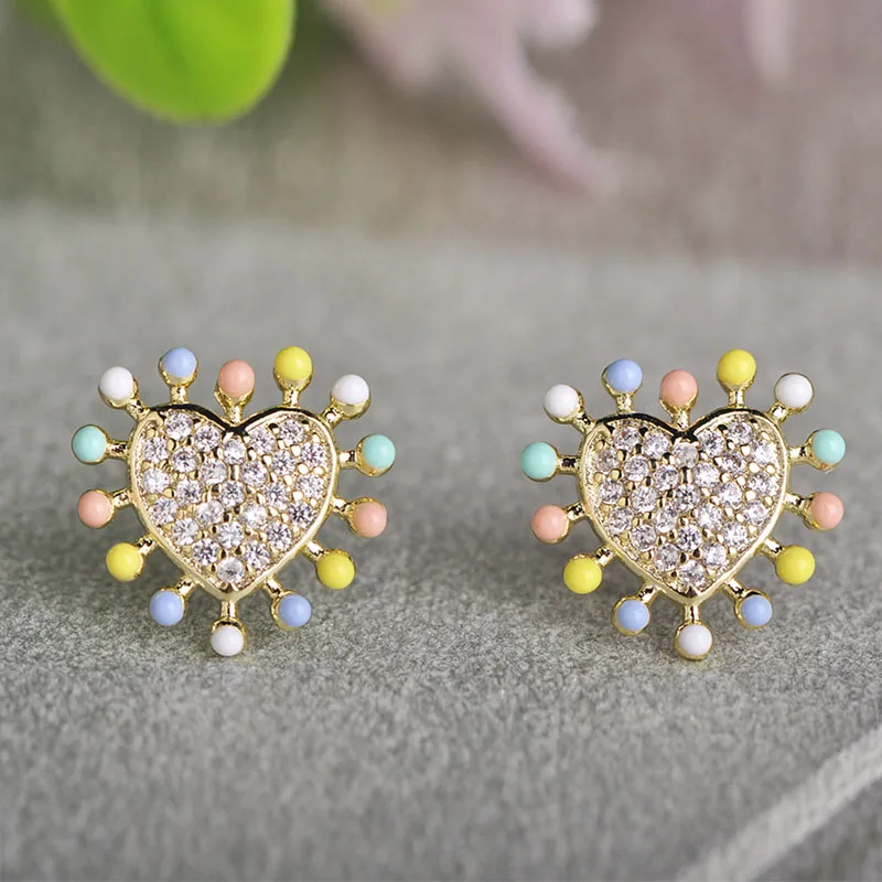 Dazz Newest Lovely Heart Shape Stud Earrings Full Zircon Colorful Enamel Jewelry For Women Party Daily Small Unique Ear Ornament | Украшения
