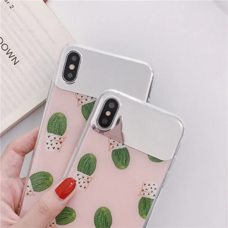 JIBAN Fashion Mirror Cactus Phone Case For Iphone X XR XS Max Soft IMD Smooth Cases Gradient Back Cover 6 6S 7 8 Plus |