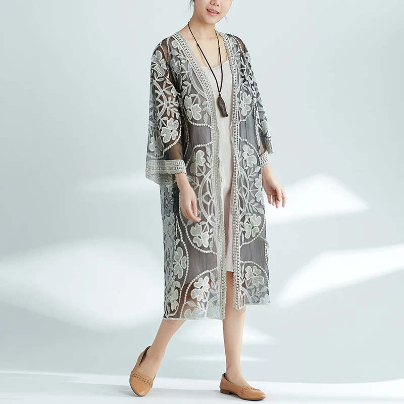 BOHOFREE прозрачное кружевное платье-кимоно с вышивкой женское платье цветочной