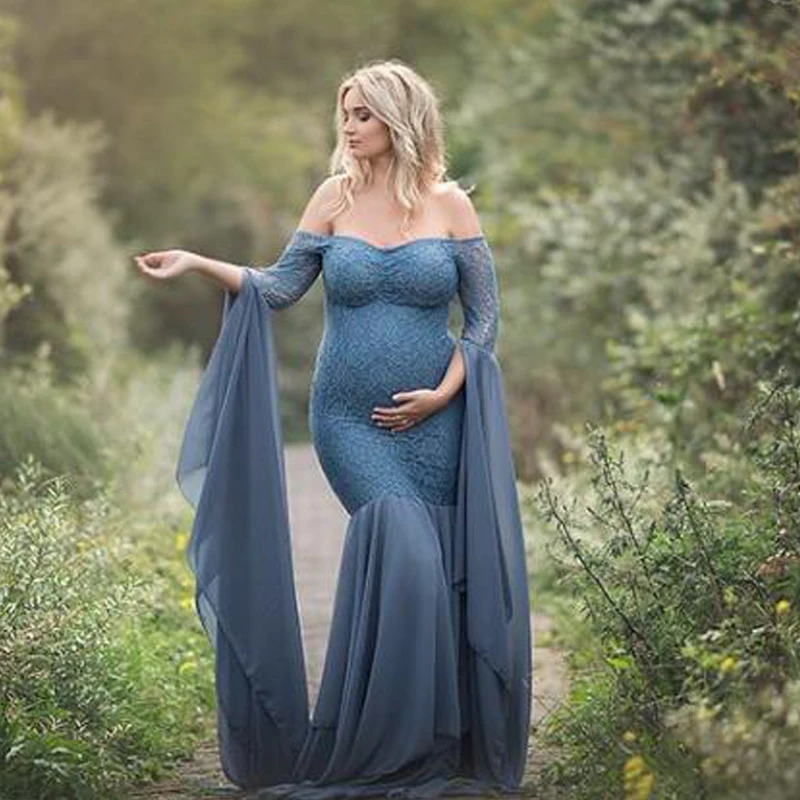

Patchwork Lace Floral Chiffon Maternity Dresses Pregnant Woman Clothes Shoulderless Feifei sleeve long-length maternity dresses