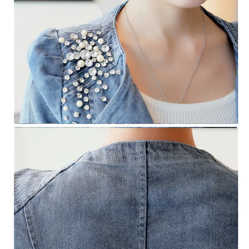 Корейская мода осень пальто Для женщин джинсовая куртка Большие размеры Бисер