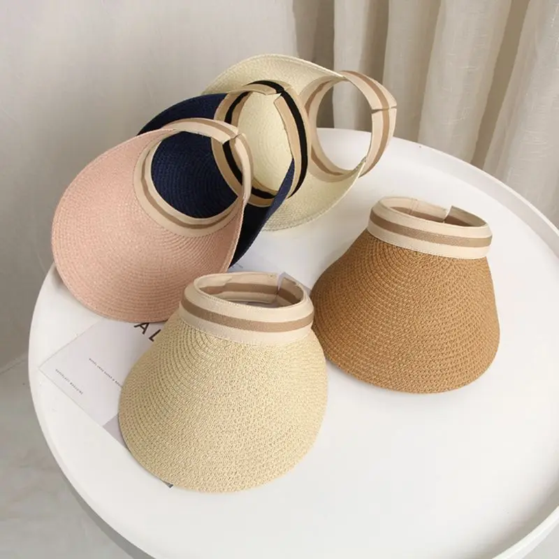 Adult Kids Summer Straw Weave Sun Protection Beach Hat Empty Top Contrast Color Stripe Family Large Wide Brim Clip-On Peaked Cap |