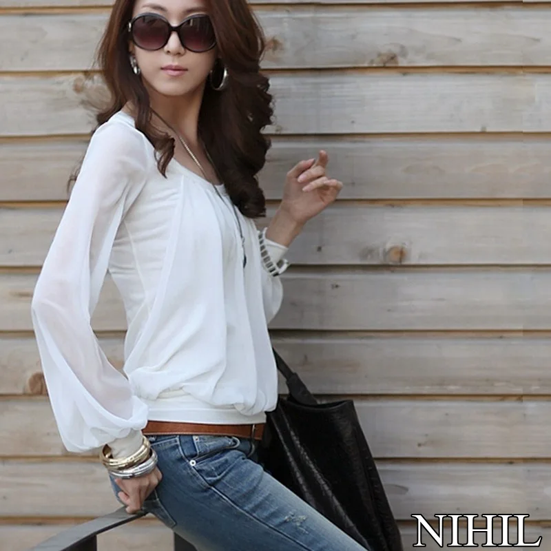 Длинный рукав блузка шифон 2016 Новая мода рубашки женские O образным вырезом белая