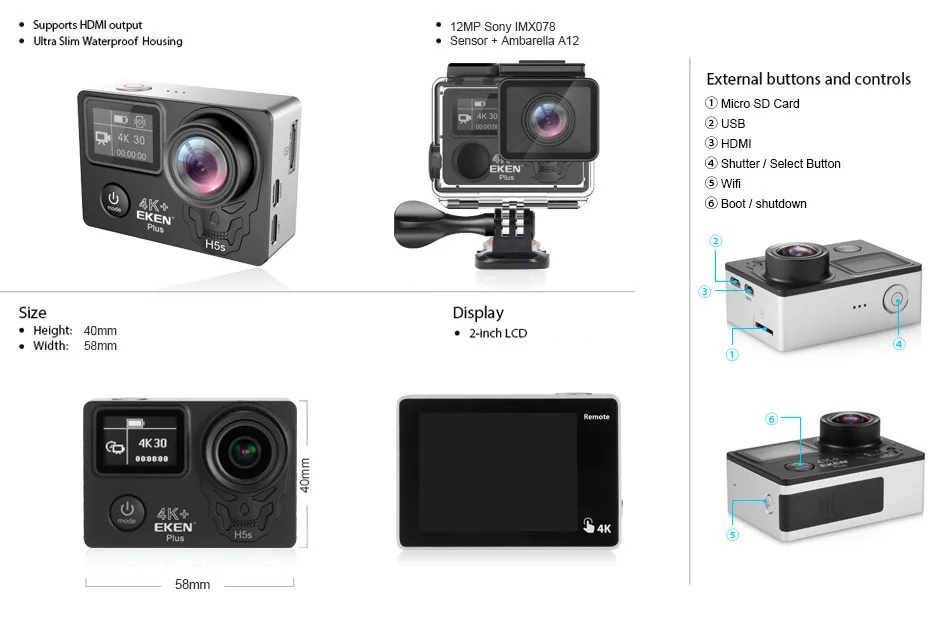 Экшн-камера eken H5S Plus Ultra HD с сенсорным экраном Ambarella A12 EIS 4 k/30fps 1080 p/100fps 30M Водонепроницаемая Спортивная камера go Helmet pro