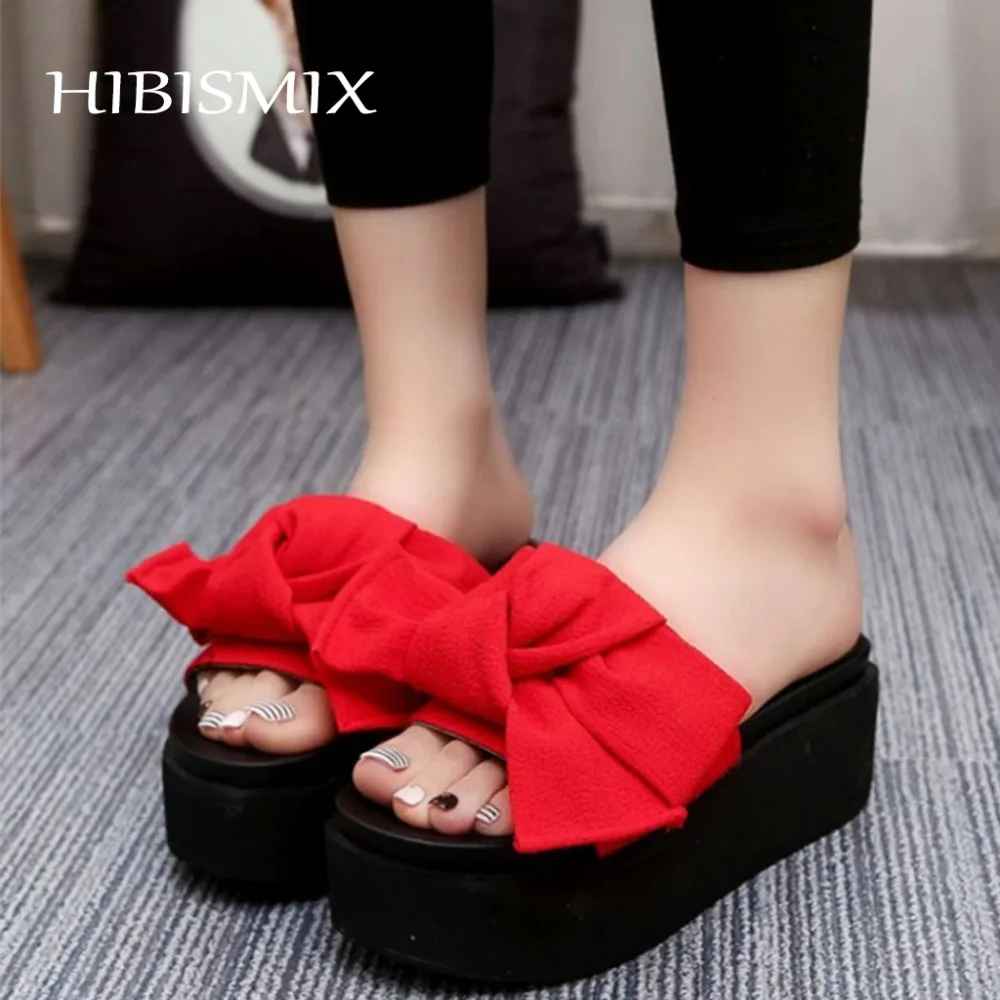 HIBISMIX/женские шлепанцы на плоской платформе; женские шлепанцы с бантом; летние пляжные шлепанцы для улицы; Вьетнамки; женская обувь на высоком каблуке; 1094