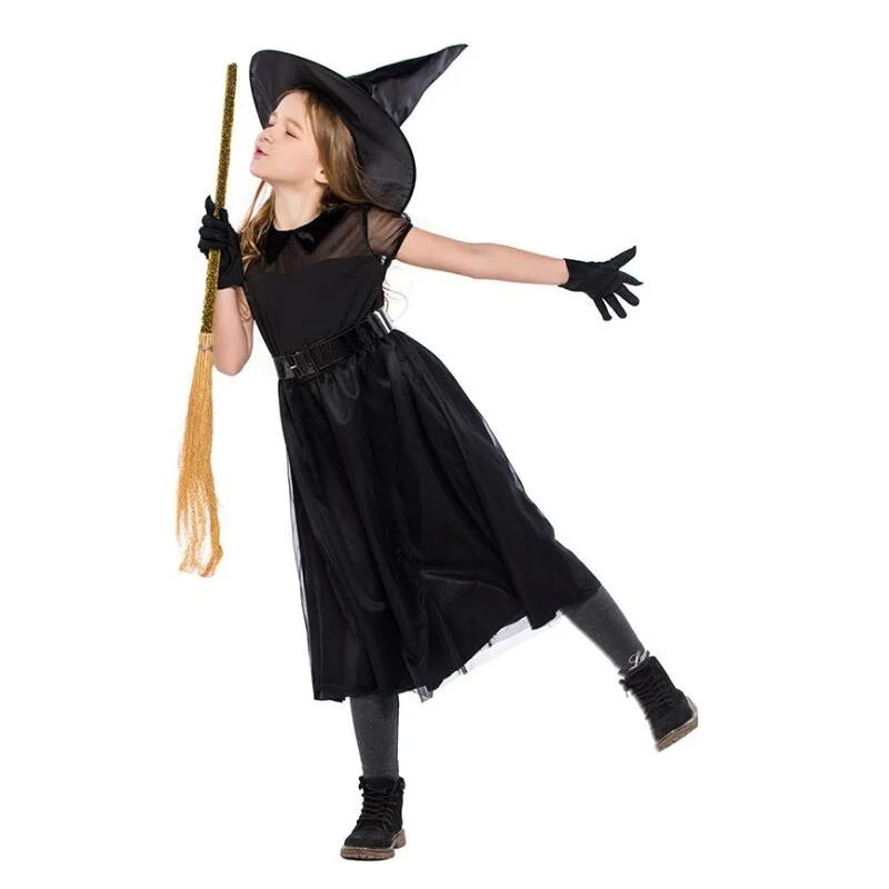 

Новинка, детский карнавальный костюм ведьмы на Хэллоуин для девочек, карнавальный черный костюм ведьмы, платье с шляпой и поясом
