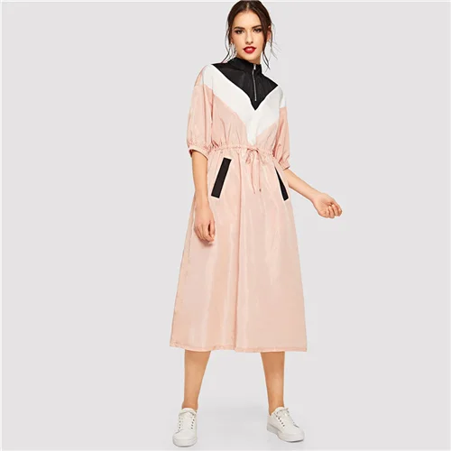 Розовый Dotfashion, розовое, на молнии, с завязками спереди, на талии, цветное платье, для женщин, весна, уличная одежда, повседневное, короткий рукав, стоячий воротник, платье - Цвет: Розовый