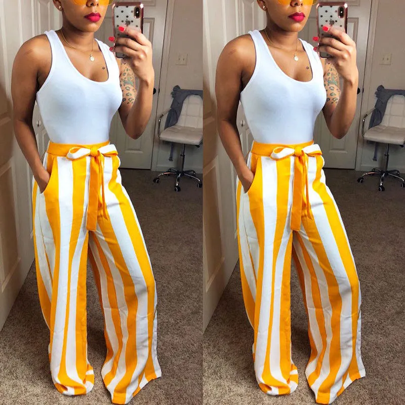 

Fashion Women Ladies Casual Loose Pants Stretch Wide Leg Long Striped High Waist Trousers