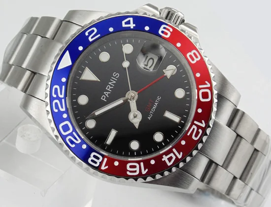 Часы Parnis 40 мм GMT с красной и синей рамкой сапфировым датчиком автоматический