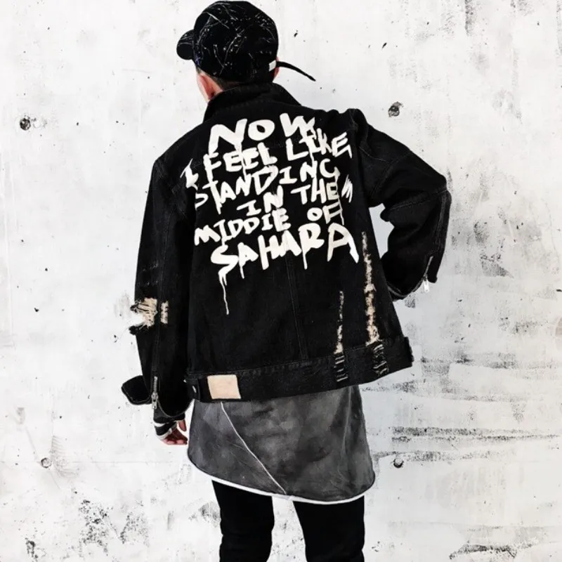 

New Spring Male Denim Jacket Fashion Hole Ripped Printing Outerwear Men Streetwear Loose Fit Single Breasted Jean Coat S-XL