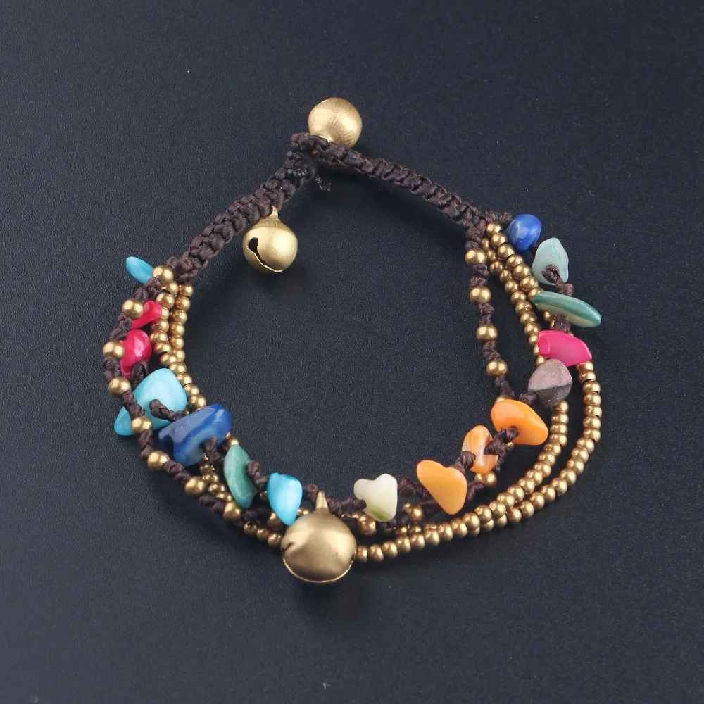 

AMOURJOUX Handmade Bohemian Natural Stone 4 Layers Gold Beaded Chain Bell Charm Bracelet Ethnic Sting Bracelets For Women