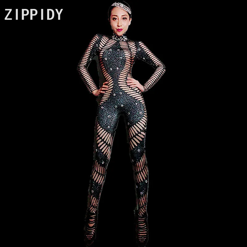 Fashion Black Rhinestones Long Sleeves Spandex Jumpsuit Women's Party Bodysuit Evening Outfit Female Singer Stage Dance Wear