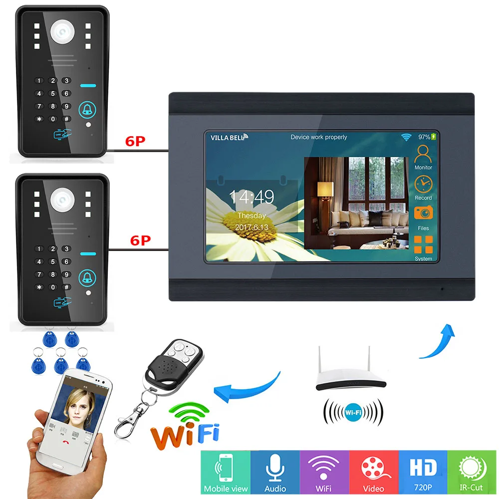 

7inch Wired / Wireless Wifi RFID Password Video Door Phone Doorbell Intercom Entry System with 2 X IR-CUT 1000TVL Wired Camera