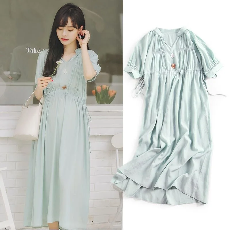 Women's Short Sleeve Maternity Dresses Green Casual Summer Fashion Long Pregnancy Clothes Ruched Fitted Pregnant Bodycon Dress | Мать и