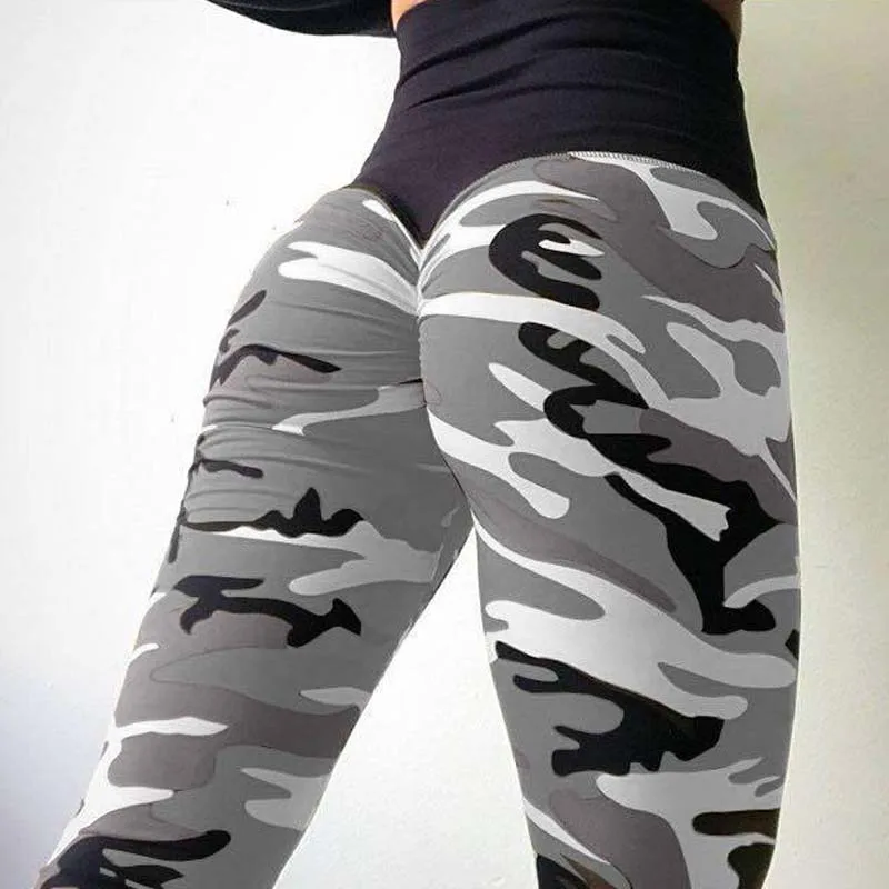 gray NORMOV, модные женские леггинсы, высокая талия, камуфляжный принт, обтягивающие, эластичные, для тренировок, леггинсы, сексуальные, морщинки, 4 вида цветов, леггинсы - Цвет: gray