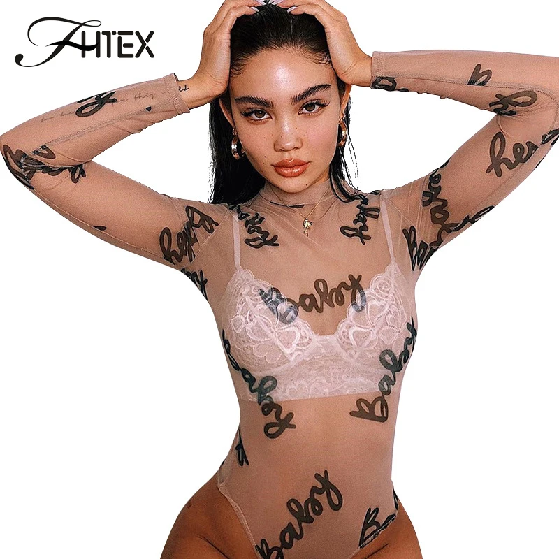 FHTEX сексуальное боди цвета хаки с буквенным принтом, с длинным рукавом, облегающее повседневное боди для женщин, простой клубный Облегающий комбинезон