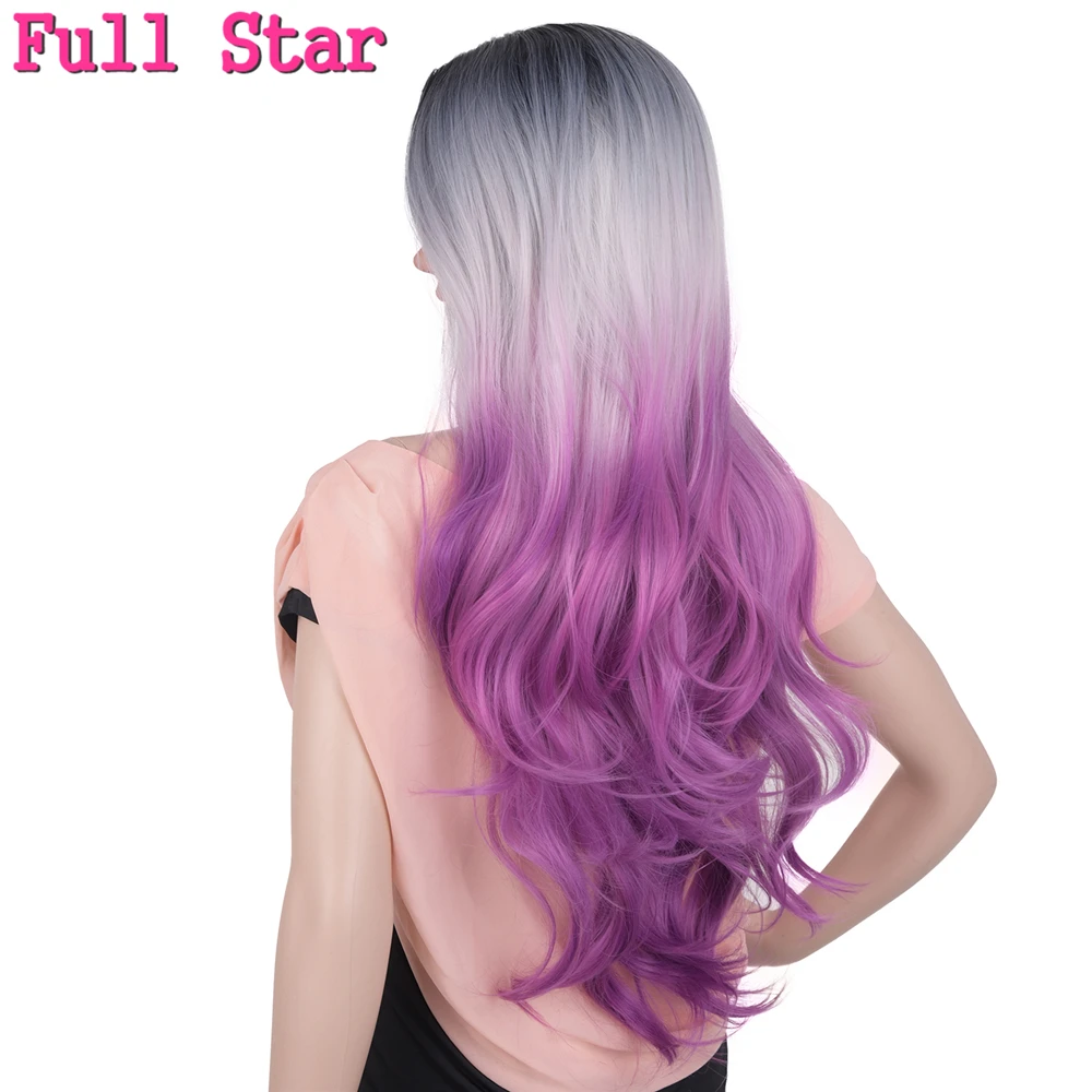 

Full Star Brown With Bang Wigs High Temperature Fiber 24 Inch 280g No Lace Full Head Nature Wave Long Ombre Gray Synthetic Wig
