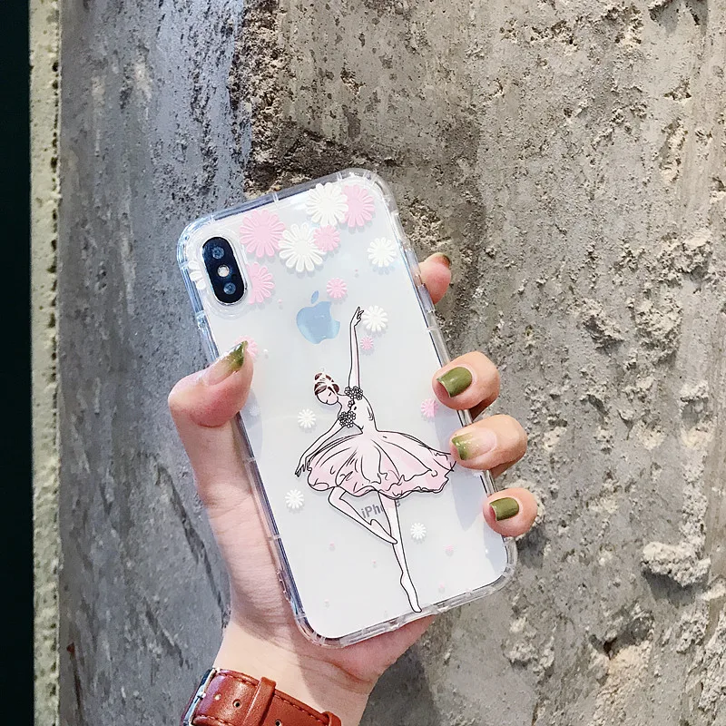 Mouplayca for iPhone 6 6s 7 8 plus X phone cases Lovely cartoon ballet girl pattern Anti-knock soft TPU back cover Coque |