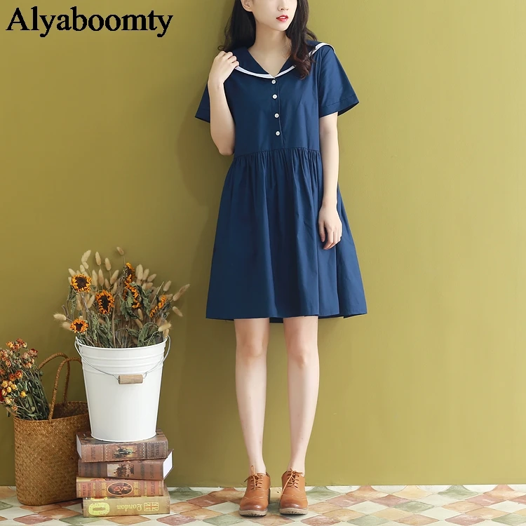 Японский Школьный стиль Лето женское милое платье темно синее абрикосовое с