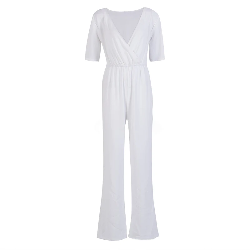 

Women Jumpsuit Romper Short Sleeve V Neck Casual Playsuit Overalls Ladies Wide Leg Playsuit