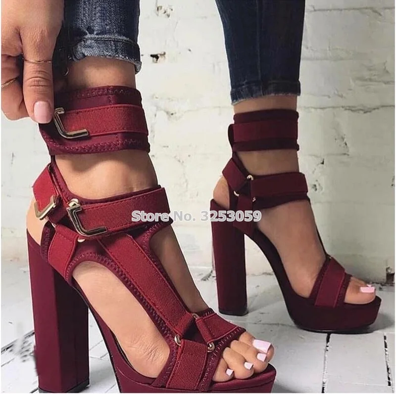 wine red as picture ALMUDENA/Новинка; Разноцветные разноцветные Лоскутные сандалии на платформе с массивным каблуком; металлические украшения; свадебные туфли с ремешком и пряжкой; Прямая поставка - Цвет: wine red as picture
