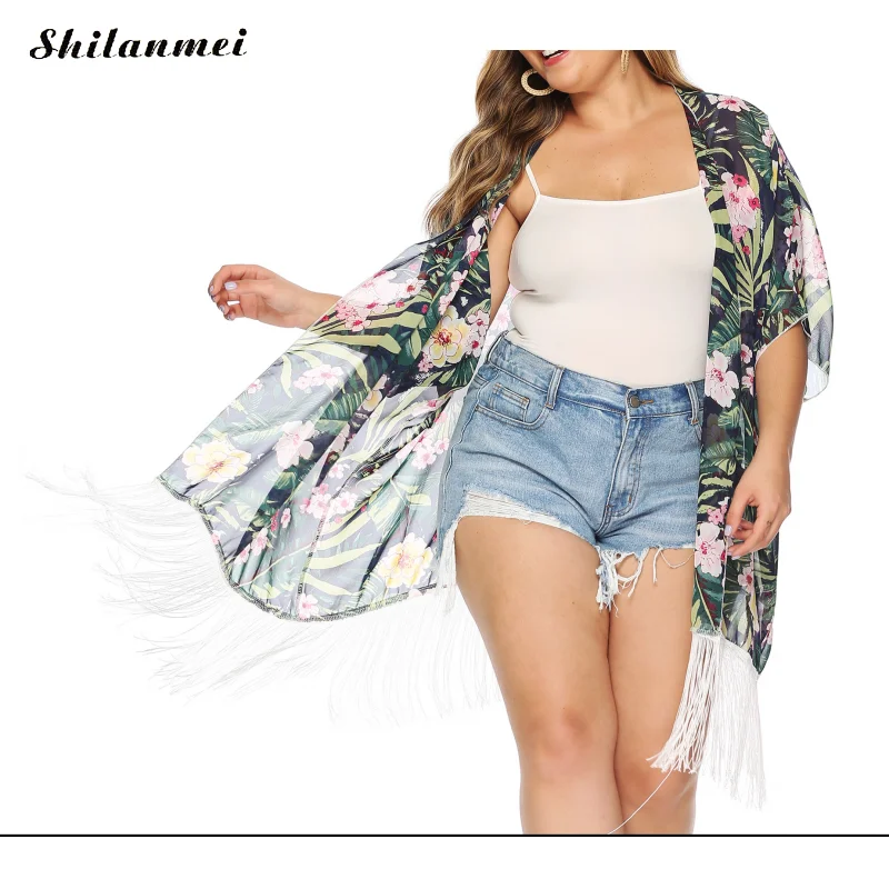 Casual Women Summer Blouses Chiffon Tassels Swimming Cover Ups Printed Floral Green Bohemia Boho Fashion Pull Femme Tops Shirt |
